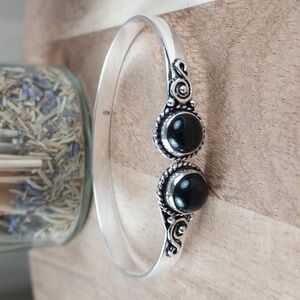 S925 Black Onyx Cuff Bracelet 7"